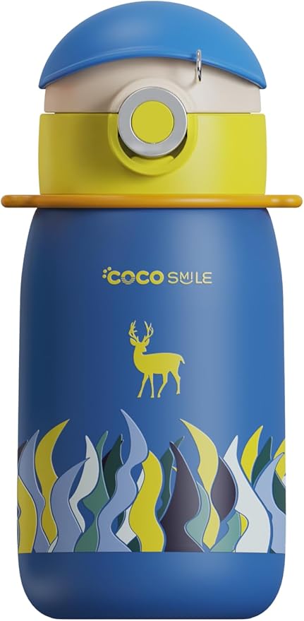 Deer Thermal Vacuum Insulated Water Bottle with Straw & lid - Durable & Premium Design - Easy Open Button, Food Grade Stainless Steel - Dishwasher Safe kids cup (17 Oz)