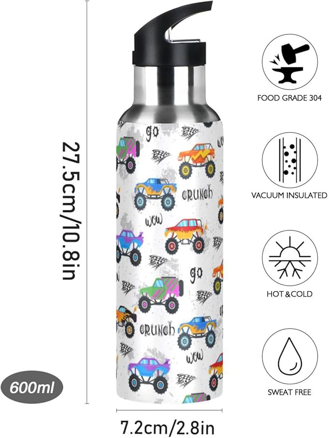Monster Truck Sports Water Bottle, Double Wall Vacuum Insulated Stainless Steel Water Bottle with Straw Keeps Hot and Cold, Bike Running Sports Travel Gym 20oz