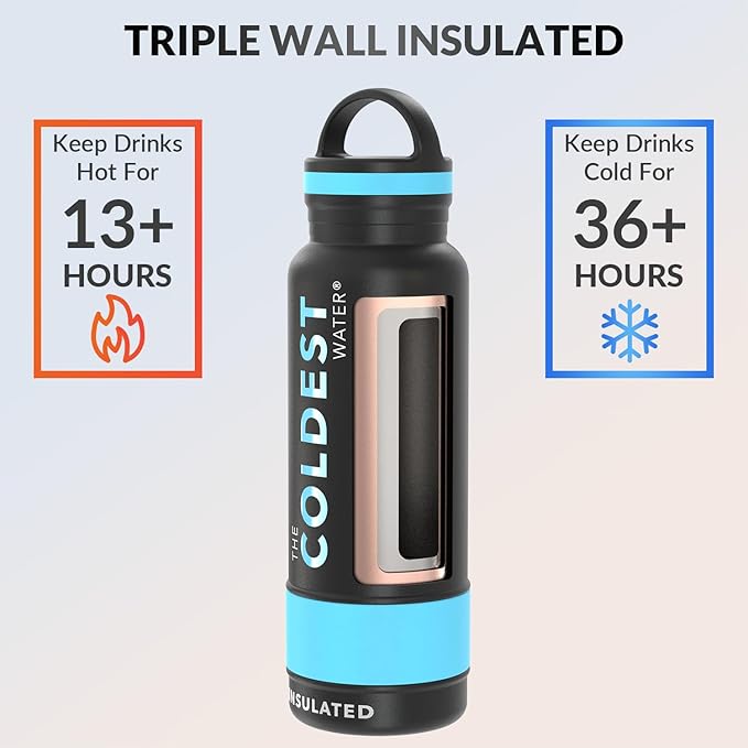 Coldest Insulated Water Bottle with Handle Lid | Leak Proof, Insulated Stainless Steel, Triple Walled, Sport Thermos Bottles, Metal Flask (‎Matte Black, 21 oz)