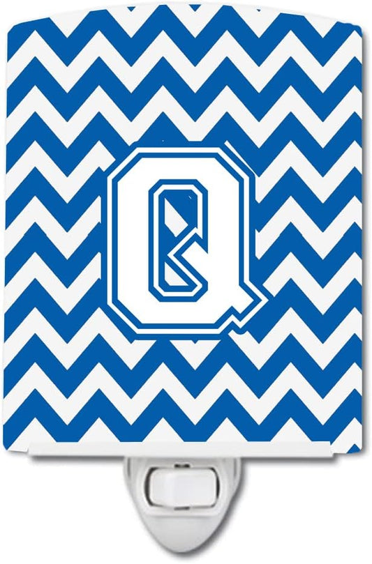 Caroline's Treasures CJ1045-QCNL Letter Q Chevron Blue and White Ceramic Night Light Compact, UL-Certified, Ideal for Bedroom, Bathroom, Nursery, Hallway, Kitchen, 6x4x3, Multicolor