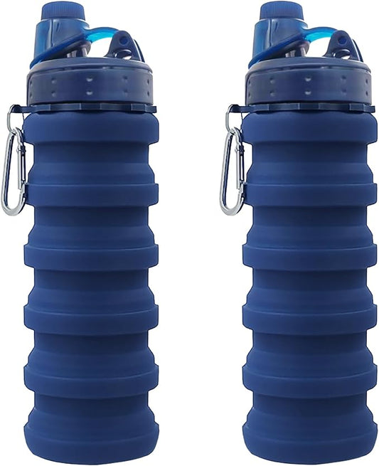 Collapsible Water Bottles Two Pack Travel Sports Portable Sport Water Bottle comes with mountaineering Buckle 500ml silicone Water-proof camping water bottle (Dark Blue and Dark Blue Color)