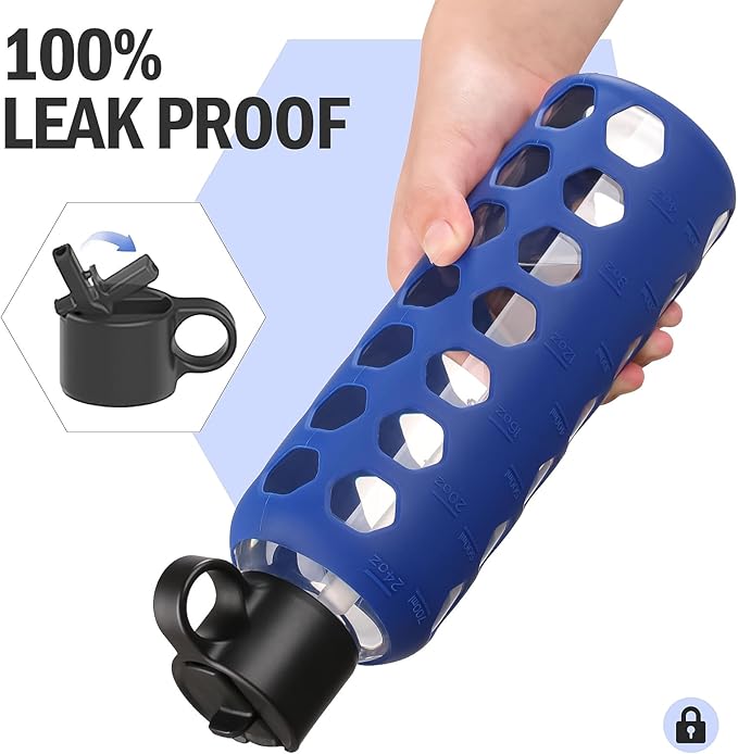 MUKOKO Glass Water Bottles, 24oz Glass Tumbler, Drinking Bottles with 2 Lids-Handle Flip Straw Lid&Bamboo Lid, Motivational Water Bottle with Time Marker and Silicone Sleeve, Leakproof-1 Pack-Blue