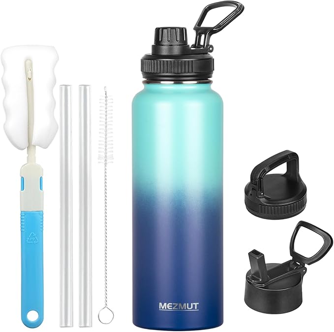 Insulated Water Bottle with Straw&3 Lids 40oz Stainless Steel Water Bottles Sports Metal Water Bottle Double Walled Vacuum Insulated Bottles Thermos Leak-Proof Travel Thermal (Gradient Blue)