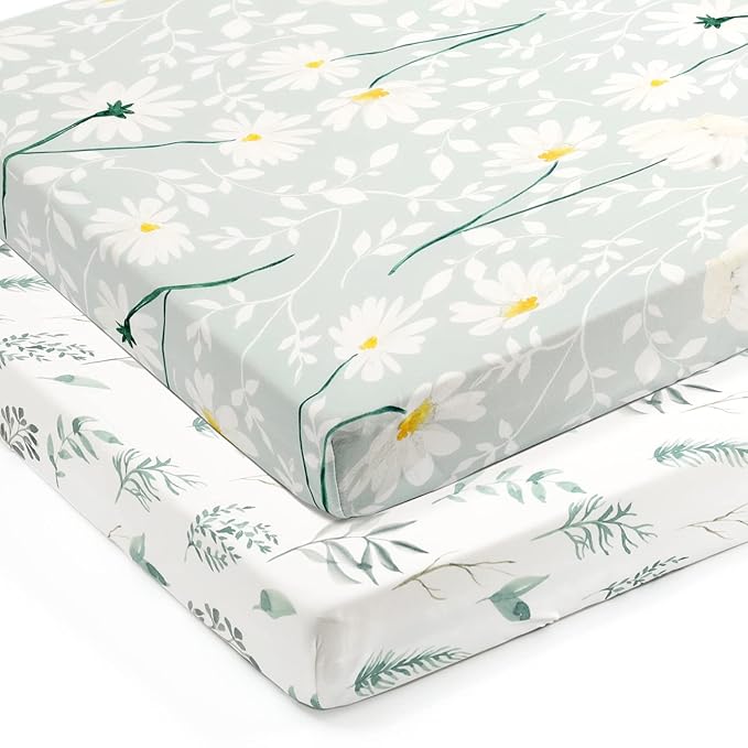GRSSDER Stretchy Ultra Soft Jersey Knit Fitted Pack n Play Sheets Set 2 Pack, Universal Fitted Portable Pack and Play/Mini Cribs Sheets for Girls, Stylish Watercolor Daisy Flower