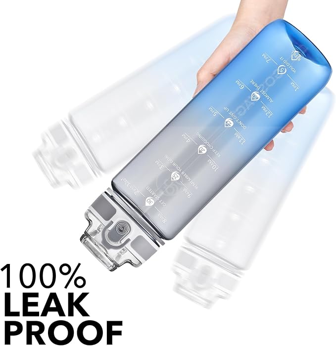 GOSWAG Water Bottles, 32 oz Motivational Sports Water Bottle with Straw and Time Marker to Remind You to Drink, Comes with Carry Strap, Leakproof