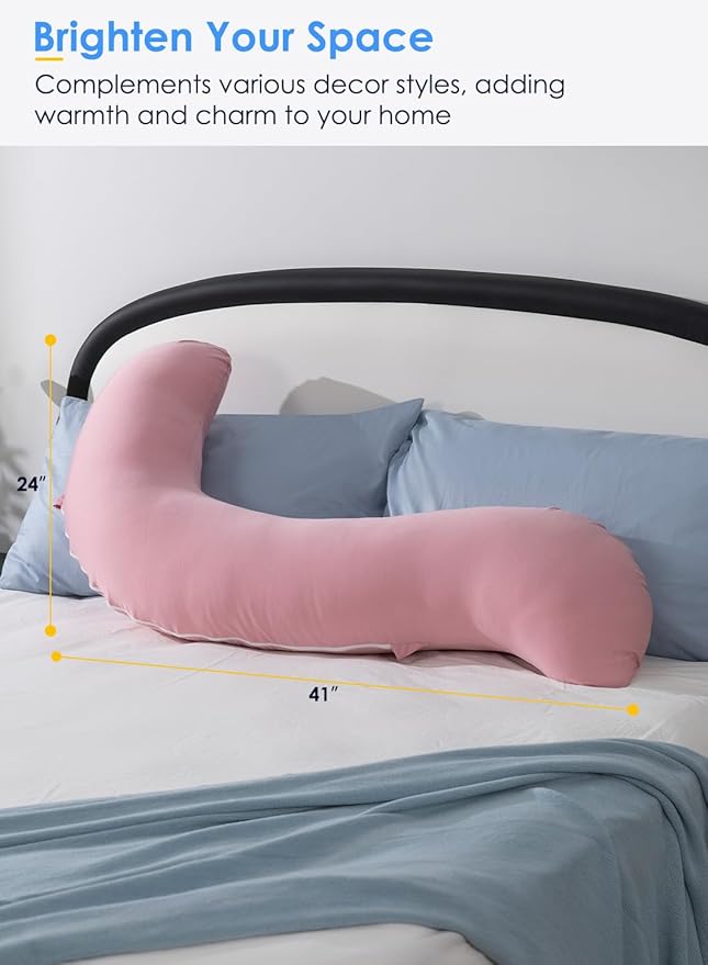 QUEEN ROSE Cooling Body Pillow, Full Body Support Pillow for Side Sleepers, Soft S Shaped Hug Pillow for Adults, with Removable Pillowcase, Pink