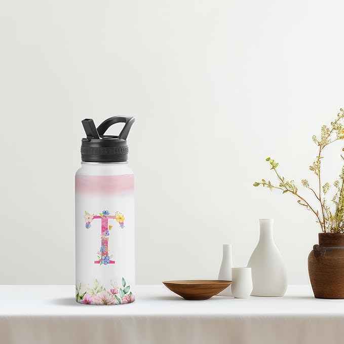Personalized 32oz Water Bottle with Straw Customized Initial Letter Sport Bottles Monogrammed Initial Insulated Bottle Coffee Mug for Travel (T)