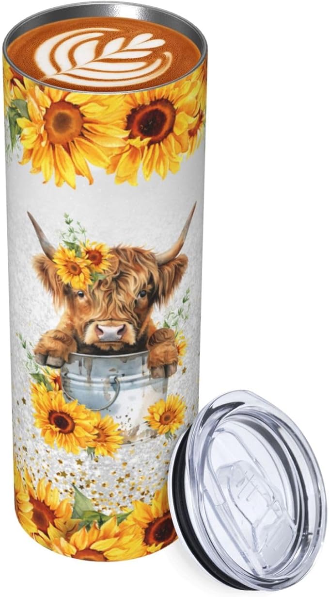 Highland Cow Tumbler Highland Cow Gifts Highland Cow Tumbler With Lid 20oz Stainless Steel Cow Sunflower Gifts For Women Mom Reusable Bottle For Hot & Cold Drinks Tea Cup Iced Coffee Travel Mug
