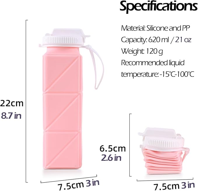 Collapsible Water Bottle, Silicone Foldable Water Bottles For Travel, Easy-To-Carry Design And Compact Size, BPA Free, 20 oz (2-Pack, Pink & Blue (Cuboid))