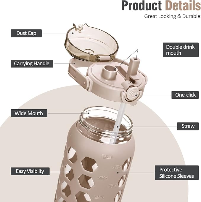 MUKOKO 56oz Glass Water Bottles with Straw and Lid,Motivational Water Jug with Time Marker Reminder and Silicone Sleeve,100% Leakproof BPA Free Fitness Sports Large Bottle-Amber