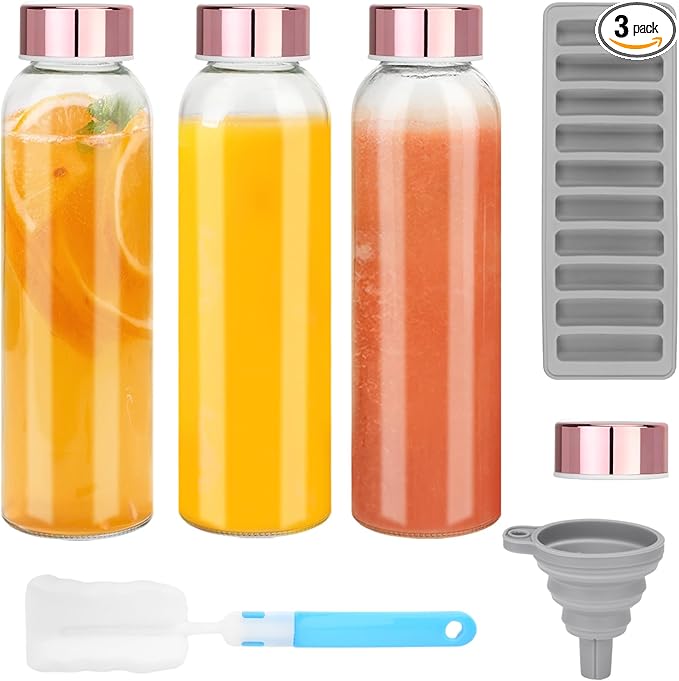 Glass Juice Bottles with Lids for Juicing 18 oz, Reusable Clear Glass Water Bottles with Stainless Steel Airtight Cap for Refrigerator, 100% Leak Proof, BPA Free, Set of 3, Pink
