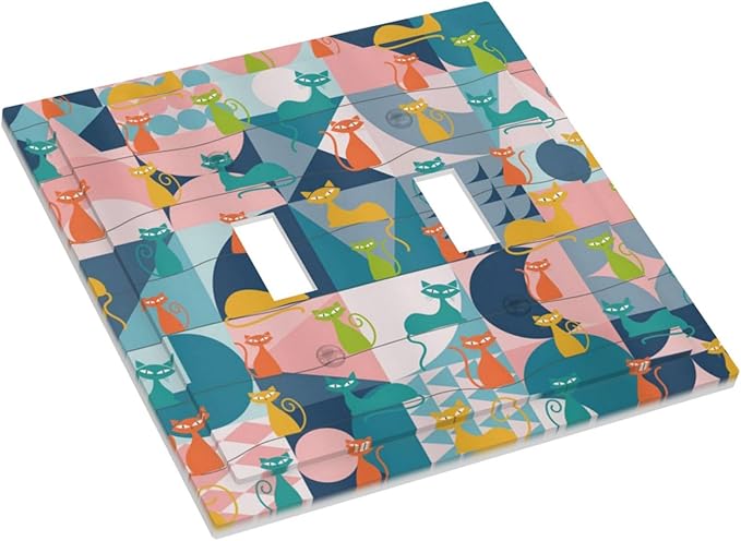 Mid Century Modern Atomic Cute Cats Double Toggle Light Switch Covers 2 Gang Wall Plate Dual Decorative Switchplate Electrical Faceplate for Kidroom Nursery Bedroom Decor