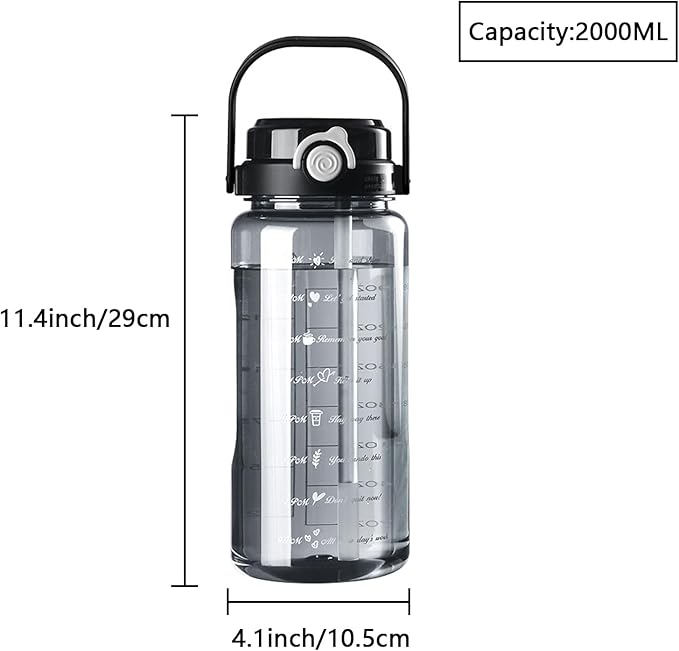 Plastic Water Bottle with Straw, 64 oz/2 L Large Water Bottle with Time Marker to Drink Leakproof Reusable Motivational Water Jug for Sports Gym Fitness Outdoor (Black)