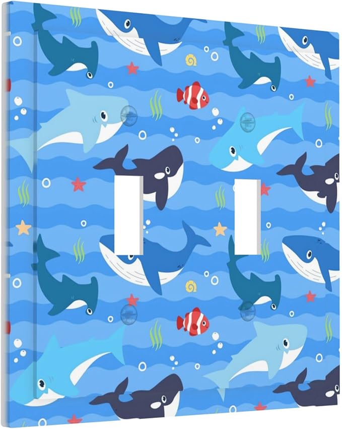 Sharks and Ocean Fish Double Toggle Light Switch Covers 2 Gang Wall Plate Dual Decorative Switchplate Electrical Faceplate for Bathroom Country Kitchen Bedroom Decor, 4.9" x 5"