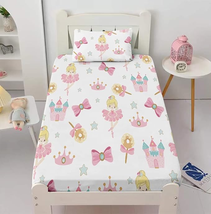 Dancing Princess Fitted Sheet Set Twin for Kids Girls Teens Crown Castle Pattern Bed Sheet 2 Piece 3D Print Pink Dreaming Style Sheet Set