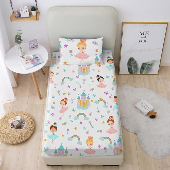 Girls Princess Fitted Sheet Set for Kids Teens Dancing Castle Crown Bed Sheet Queen Size 3D Print Dreaming Style Sheet Set 3 Piece