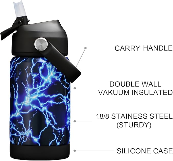 Kids Insulated Water Bottle with Straw,12oz Toddler Cups with Stainless Steel Leak Proof for School Boys Girls（Lightning）
