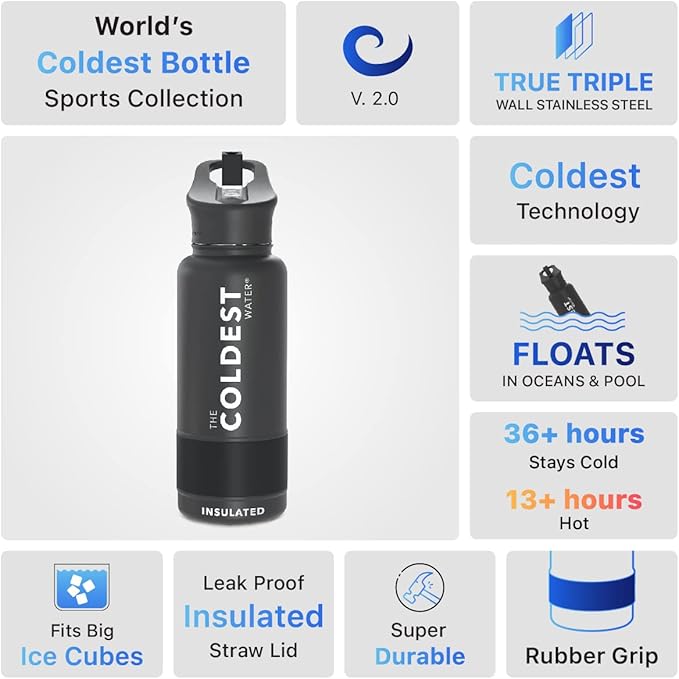 Coldest Sports Water Bottle with Straw Lid Vacuum Insulated Stainless Steel Metal Thermos Bottles Reusable Leak Proof Flask for Sports Gym (Stealth, 32 oz)