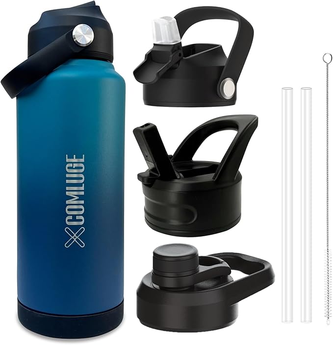 blue 32 oz insulated water bottle with straw stainless steel water bottle,double wall,leak proof water bottles with 3 lids,travel,gym mens water bottle(Ocean Blue, 32oz)