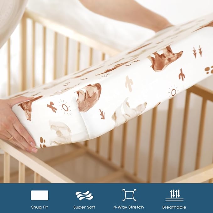 Stretchy Ultra Soft Jersey Knit Fitted Crib Sheets Set 2 Pack，Universal Fit All Standard Crib Mattress Pads Safe and Snug, Crib Fitted Sheet for Boys and Girls, Cute Animals Print