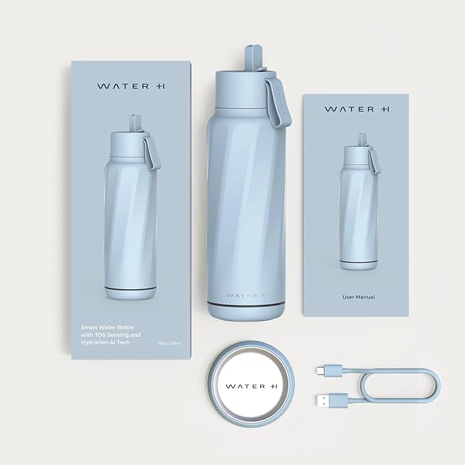 Insulated Smart Water Bottles with Straw, Intake Tracker, Water Safety Analyzer, LED Reminder, BPA Free, 18 oz Double Wall Vacuum Stainless Steel Thermos (Flip Lid + Straw, Ivory White)