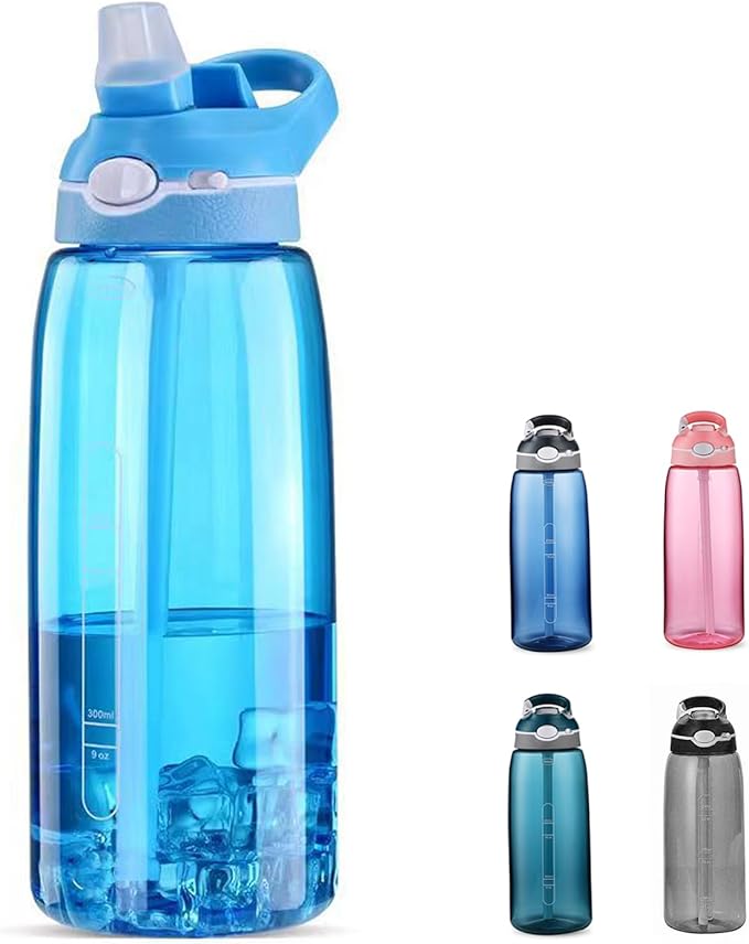 SHELFLOVER Light Blue Water Bottle With Narrow Straw, BPA FREE Clear Bottles With Handle One Hand Use Easy Carried, Flip Up, Suit School, Office, Gym, Office, 32oz (1000ml), SLWB32OZP