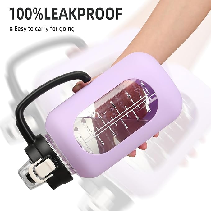 64 oz Glass Water Bolttles Half Gallon Large Motivational Water Bottle with Time Marker Sports Water Bottles with Silicone Sleeve and Handle Lid Water Jug for Gym Workout-1 Pack