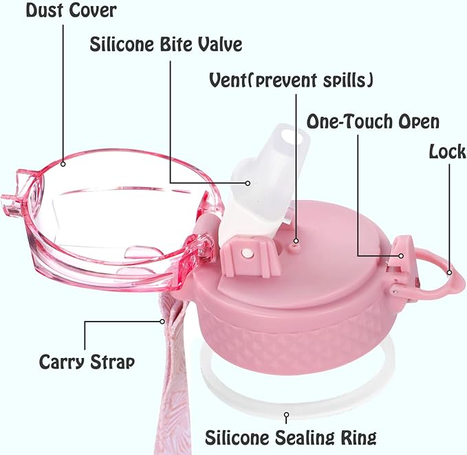 OLDLEY Replacement Straw Lid for 15 oz Water Bottle, Leakproof Spillproof Dustproof One-Click Open Cap with Carry Strap