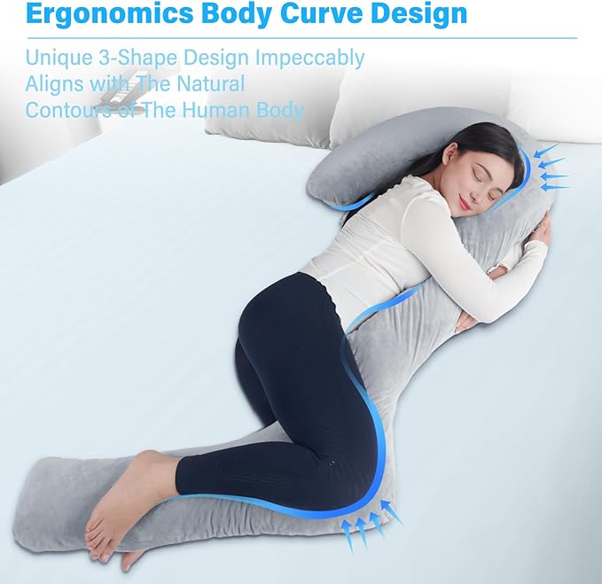 Swan Body Pillow with Cover, 68 Inches Memory Foam Full Body Pillow for Side Sleeper, Long Pregnancy Pillow with Contour Support for Back, Knee, Leg Relief - Middle Grey