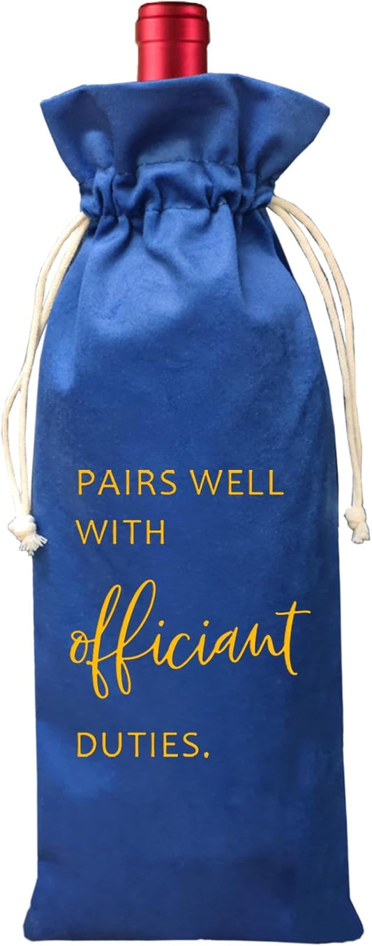 Wedding Officiant Wine Bag,Officiant Wine Bag,Pairs Well With Wedding Officiant Duties,Officiant Gift,Officiant Wedding Gift, Burlap Drawstring Wine Bag (Officiant-Blue)
