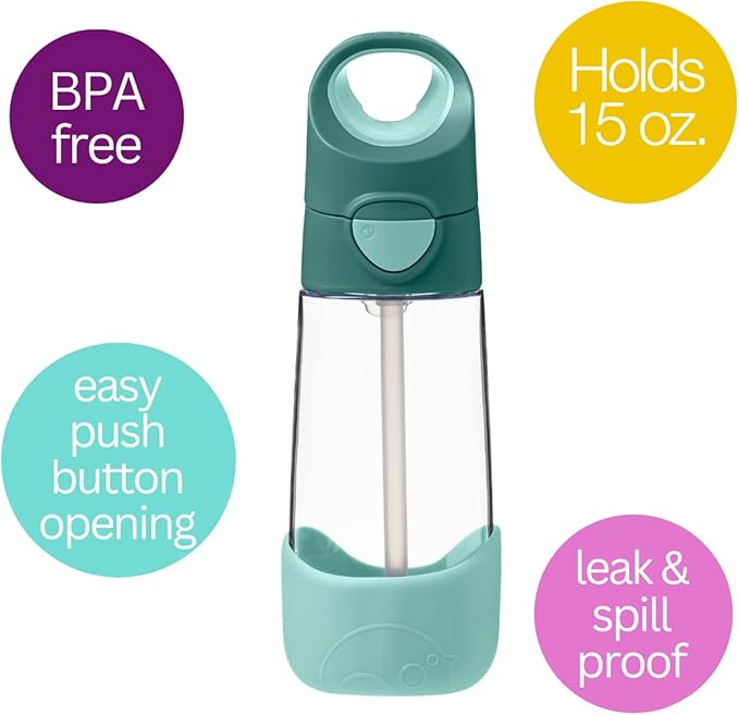 b.box 15oz Tritan Straw Bottle: Modern Water Bottle with Flip Straw for Toddlers & Kids. Spill Proof, Leak Proof, BPA Free. Great for School/Daycare or Next Step After Sippy Cups (Emerald Forest)
