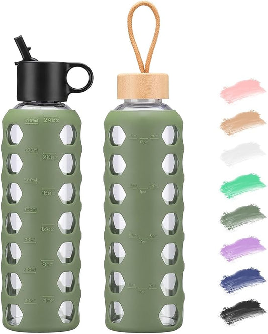 MUKOKO Glass Water Bottles, 24oz Glass Tumbler, Drinking Bottles with 2 Lids-Handle Flip Straw Lid&Bamboo Lid, Motivational Water Bottle with Time Marker and Silicone Sleeve, Leakproof-1 Pack-Olive