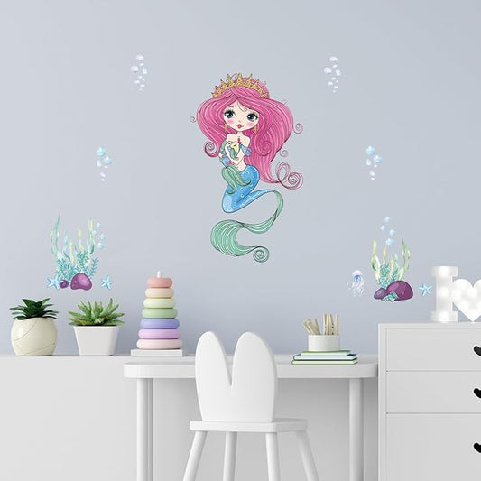 Mermaid Wall Decal for Girls Room, Princess Room Decor, Under The Sea Decorations, Ariel Little Mermaid Stickers, Vinyl Kids Wall Murals Peel and Stick for Bedroom Bathroom Nursery Living Room