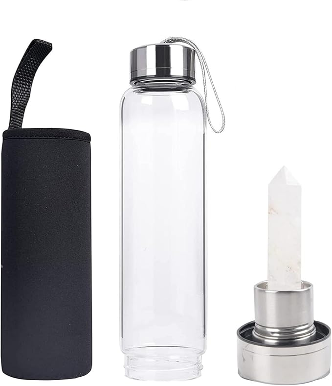 Crystal Water Bottle Glass Stainless Steel Natural Crystal Energy Cup, Healing Drink Water Cup Quartz Gemstone Water Bottle Gifts for Yoga Walking Women Men Birthday