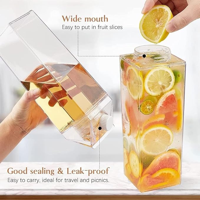 Milk Carton Water Bottles 34oz/1000ml Leak Proof Plastic Water Bottle Reusable BPA Free Sports Water Bottle Carton Shaped Juice Milk Bottle for Gym Camping Hiking Travel Sports, Dishwasher Safe