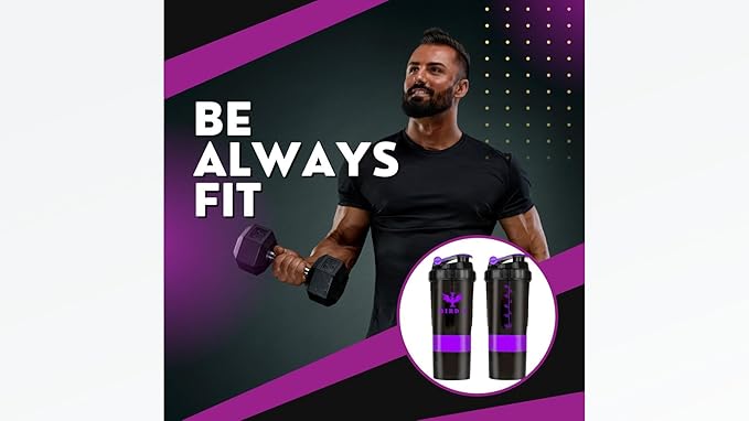 Gym Protein Shaker, 3-in-1, 500ml/16.9oz, BPA-Free, Metal Mixer. (PURPLE), JT4101