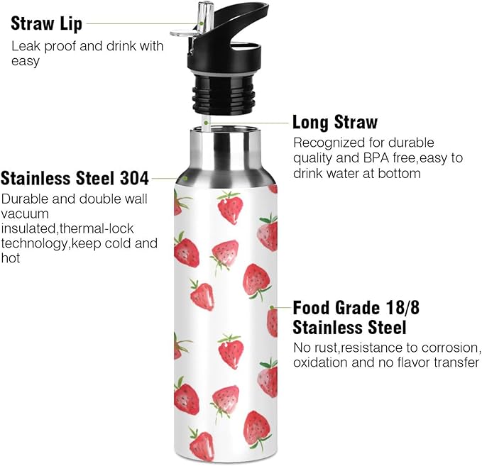 ALAZA Watercolor Strawberries Fruits Water Bottle With Straw Lids Boys Girls,Vacuum Insulated Leakproof Stainless-Steel Sports Bottle Thermal Flask For Gym Yoga Camping,20Oz (600Ml)