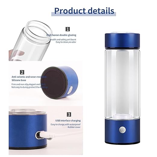 Hydrogen Water Bottle, Portable Hydrogen Water Ionizer Machine, Hydrogen Water Generator, Rechargeable Hydrogen Rich Water Glass Health Cup for Home Travel (Blue)