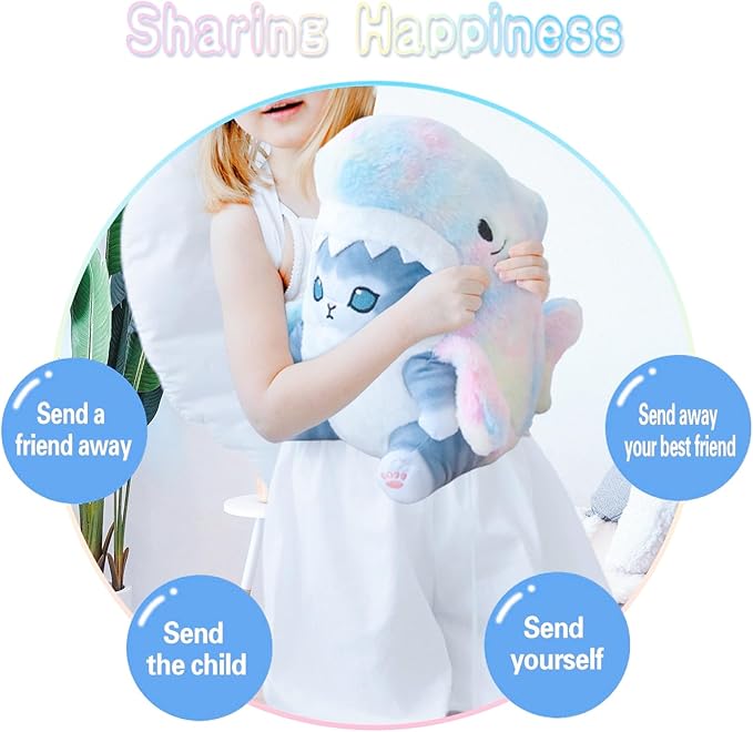 Kawaii Shark Cat Plush Toy Stuffed Animal Doll, Cute Soft Pillow Stress Release Hugs Toys Christmas Halloween Birthday Gifts for Kids Boys Girl Best Gift (Colorful - Gray,15 inch)