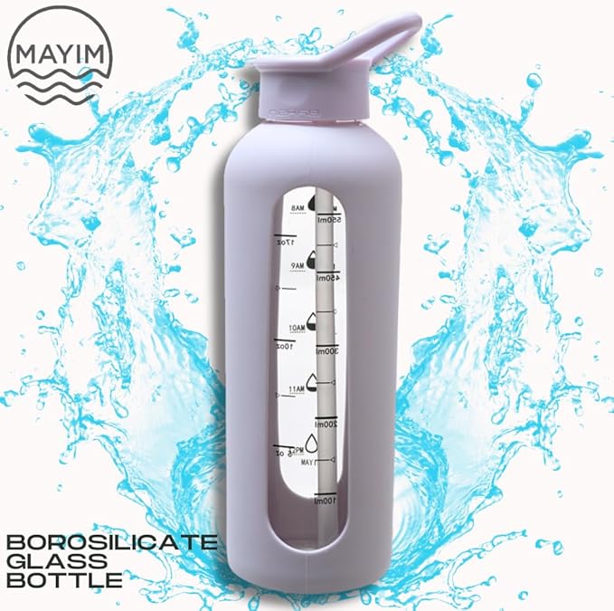 Mayim 24 Oz Glass Tumbler with Straw and Handle, Reusable Motivational Glass Water Bottle with Silicone Sleeve and Time Marker, Leak Proof Borosilicate Water Bottle -Lilac