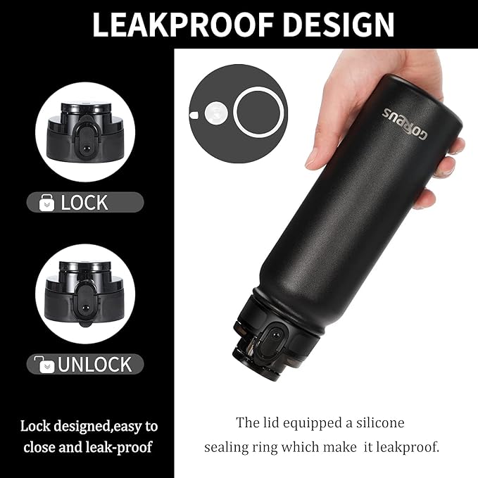 GOPPUS 20oz Insulated Stainless Steel Water Bottle with Straw Lid Reusable Leakproof Water Flask, Keeps Hot and Cold Sports Canteen Water Bottles for Kids Men Women Gym （Black 1 Lid）