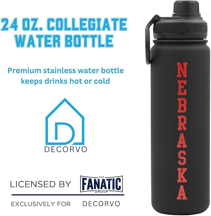 University of Nebraska Water Bottle - Black Double Walled Stainless Steel 24 oz Keeps Drinks Cold or Hot