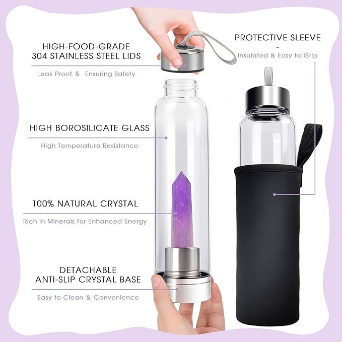 Crystal Water Bottle - Quartz Glass Water Bottle with Changeable Natural Crystal Center,Loose Natural Gem Leaf Tea Infuser Bottle, Gemstone Elixir Infused Glass Water Bottle with Sleeve Protective