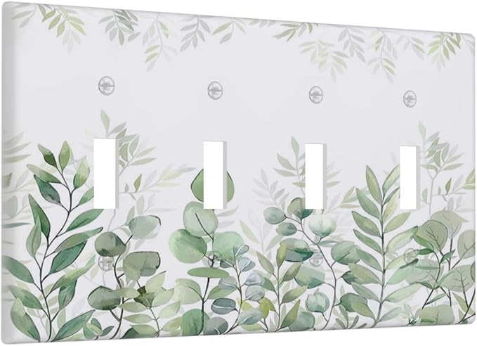 Green Eucalyptus Rustic Botanical Plant Leaves Quad Toggle Boho Light Switch Covers Decorative 4 Gang Wall Plate Electrical Faceplate Switchplate for Country Bedroom Bathroom Decor