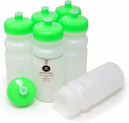 Rolling Sands 20 Oz Sports Water Bottles 6 Pk, Made In USA, BPA-Free, Dishwasher Safe, Clear Frost Bottles/Neon Lime Green Lids