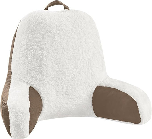 LOVTEX Reading Pillow with Removable Cover, Back Pillow for Sitting Up in Bed with Arms and Pockets, Sherpa Bed Rest Pillow Adult, 20 x 15 Inches(Brown and White)