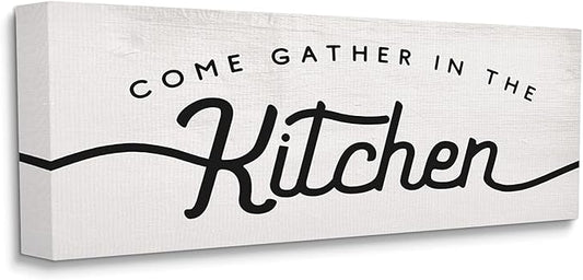 Stupell Industries Come Gather in The Kitchen Sign Family Charm, Designed by Daphne Polselli Canvas Wall Art, 20 x 48, Off- White