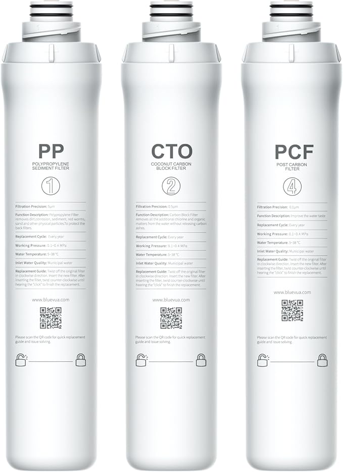 Bluevua RO100ROPOT 1-Year Replacement Filter Set, Pack of 1 PP Filter and 1 CTO Filter and 1 PCF Filter