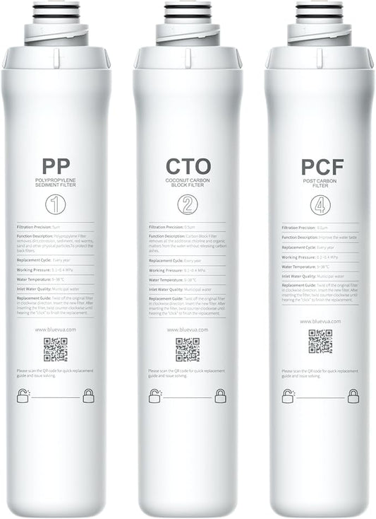 Bluevua RO100ROPOT 1-Year Replacement Filter Set, Pack of 1 PP Filter and 1 CTO Filter and 1 PCF Filter