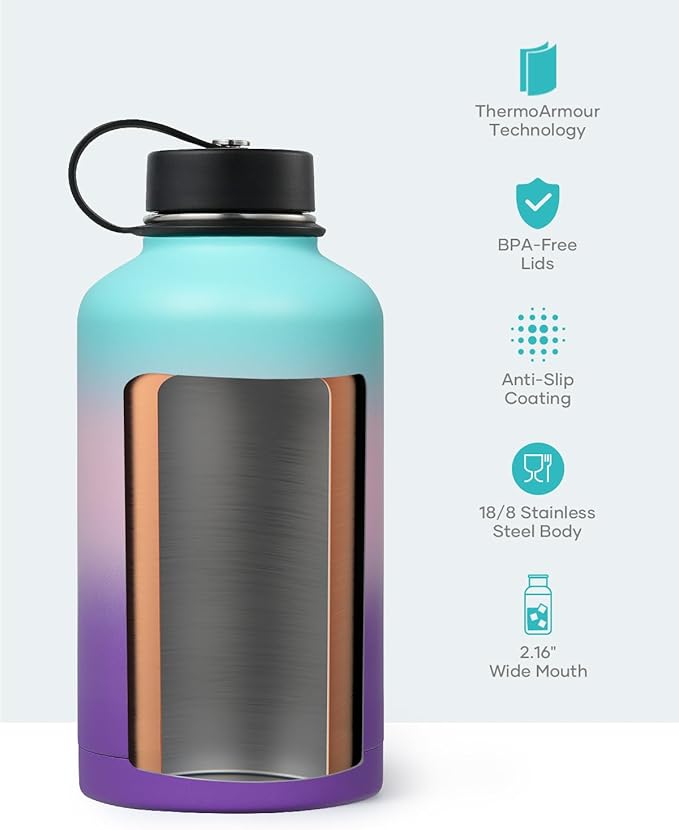 BUZIO 64oz Insulated Water Bottle Stainless Steel Double Wall Leak Proof Half Gallon with Straw Lid and Flex Cap (Cold for 48 Hrs) Sports Flask Metal Travel Mug for Hiking Cycling, Hydrangea